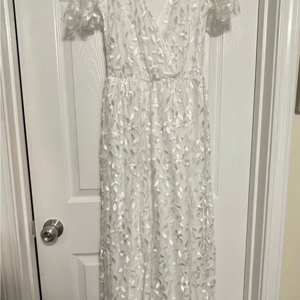 Baltic Born White Satin Dress with Delicate Appliqué